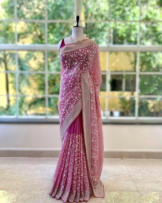 Zehra Mirror Work Chikankari Saree- PINK & Purple GREY