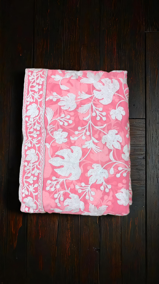 Elegant Kashmiri Aari Embroidery Saree – Chinar Leaf Motif in Subtle Pink