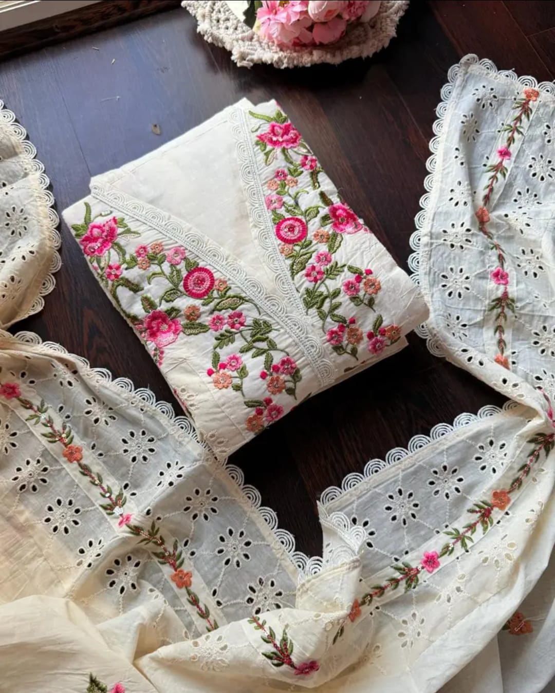 Blush Bloom Hand-Embroidered Summer kora Cotton Suit Set
