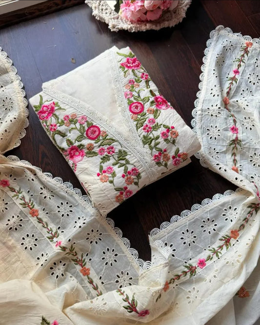 Blush Bloom Hand-Embroidered Summer kora Cotton Suit Set