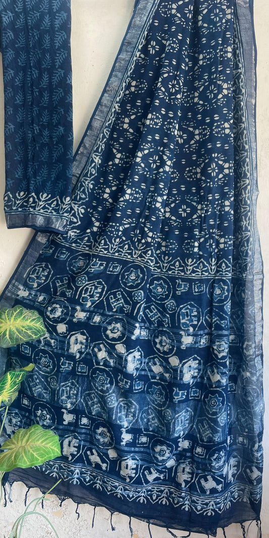 Indigo Mul Cotton Bagru Handblock Printed Saree – Naturally Dyed & Handcrafted