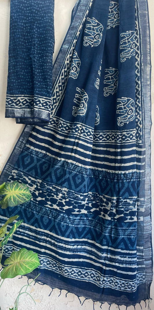 Indigo Mul Cotton Bagru Handblock Printed Saree – Naturally Dyed & Handcrafted