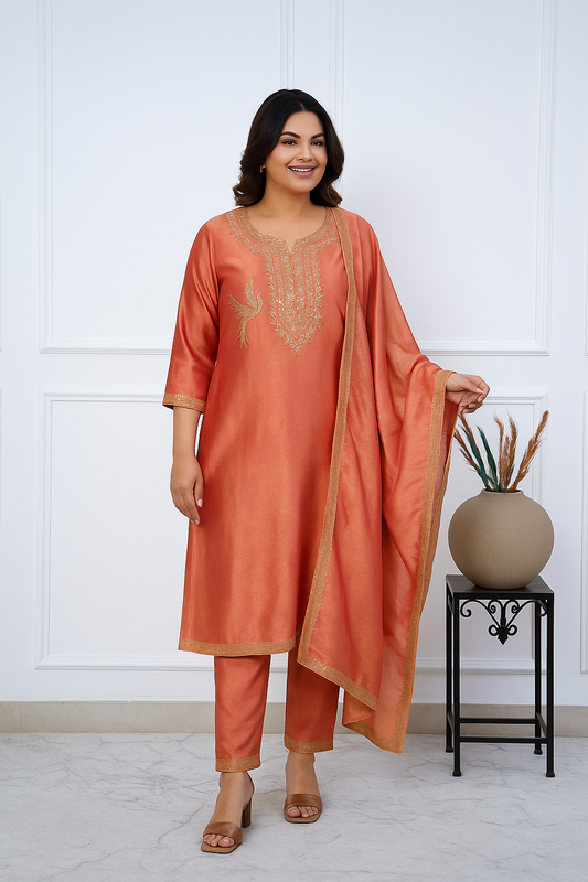 Rust Gold Handwoven Silk Suit Set with Embroidered Bird Motif