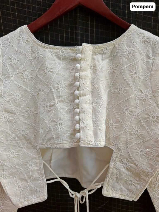 White Hakoba Cotton Full Sleeve Blouse – Handcrafted Elegance for Everyday & Festive Wear