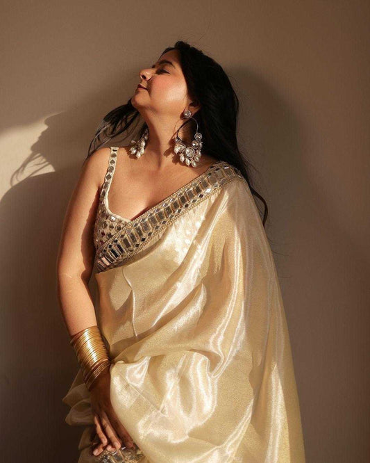 Noor Beige | 2-Min Ready-to-Wear Satin Saree with Mirror Work & Stitched Blouse