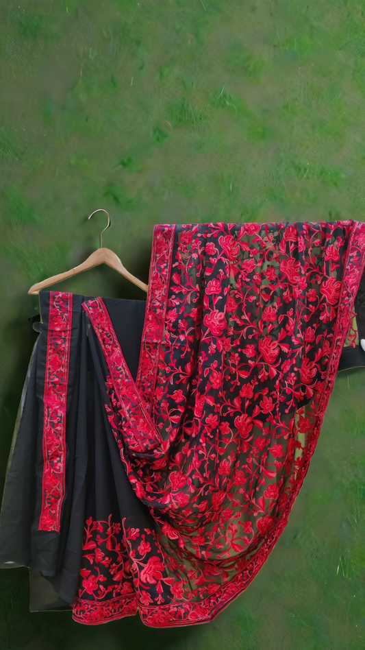 Elegant Kashmiri Aari Embroidery Saree – Chinar Leaf Motif in Subtle black