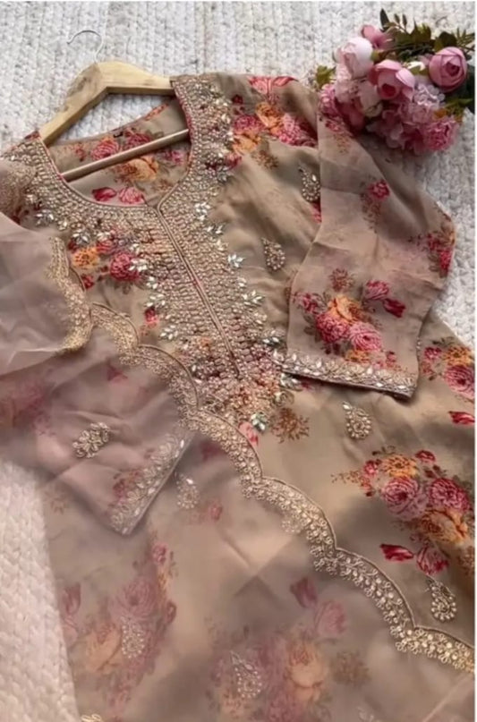Noor Beige Floral Embroidered Organza Suit Set