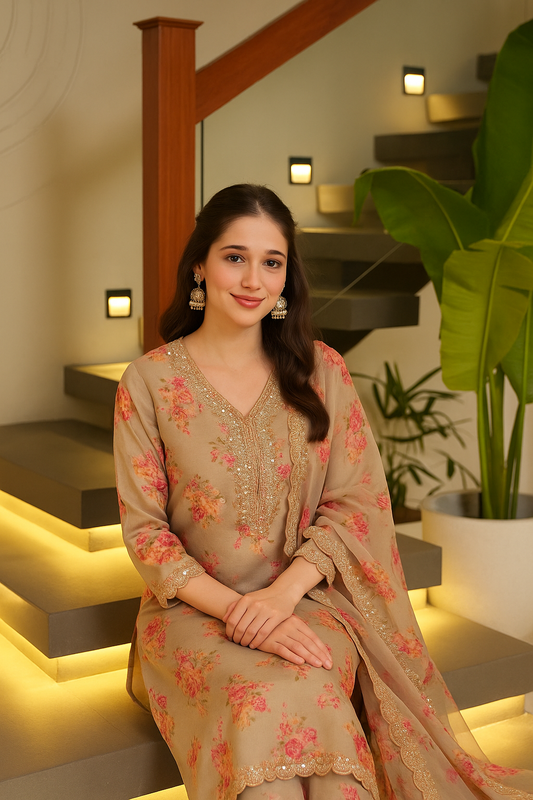 Noor Beige Floral Embroidered Organza Suit Set