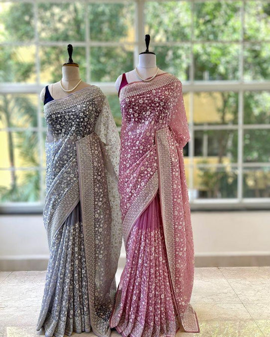 Zehra Mirror Work Chikankari Saree- PINK & Purple GREY
