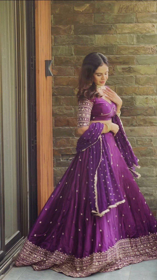 Soocha Satin Silk Lehenga Set with Sequin & Thread Work | Semi-Stitched