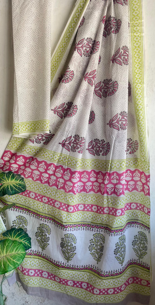 Mul Cotton Bagru Handblock Printed Saree – Naturally Dyed & Handcrafted