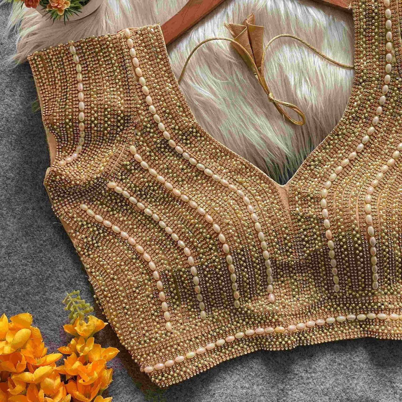 Zariya Hand-Beaded Pearl Blouse (short-sleeve)