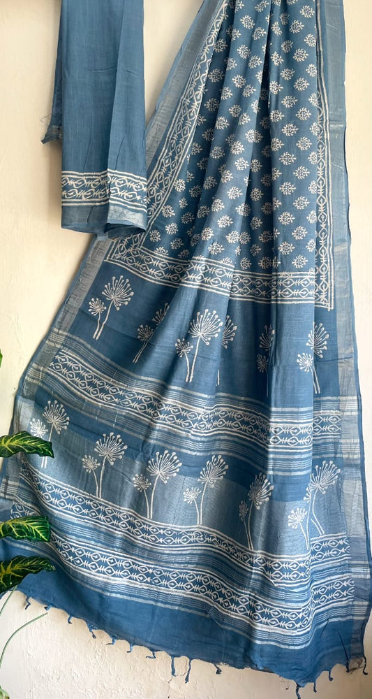 Indigo Mul Cotton Bagru Handblock Printed Saree – Naturally Dyed & Handcrafted