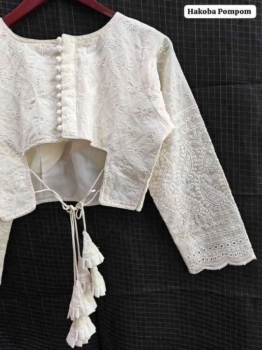 White Hakoba Cotton Full Sleeve Blouse – Handcrafted Elegance for Everyday & Festive Wear