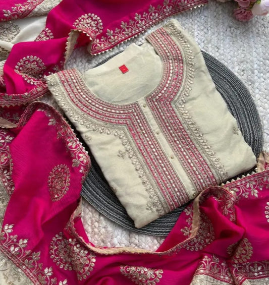 Zehra Handcrafted Ivory Tissue Silk Suit Set with Fuchsia Dupatta