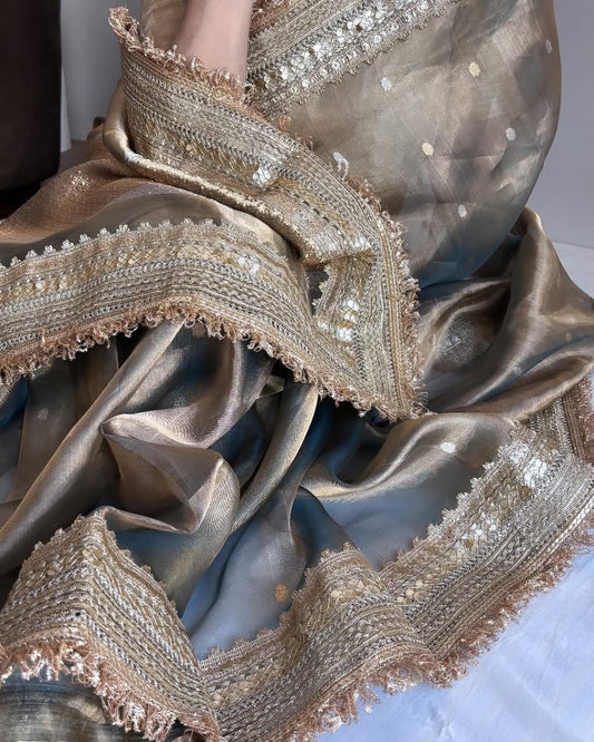 Premium Grey Banarasi Tissue Silk Saree with Zari Border | Exclusive Festive & Wedding Collection