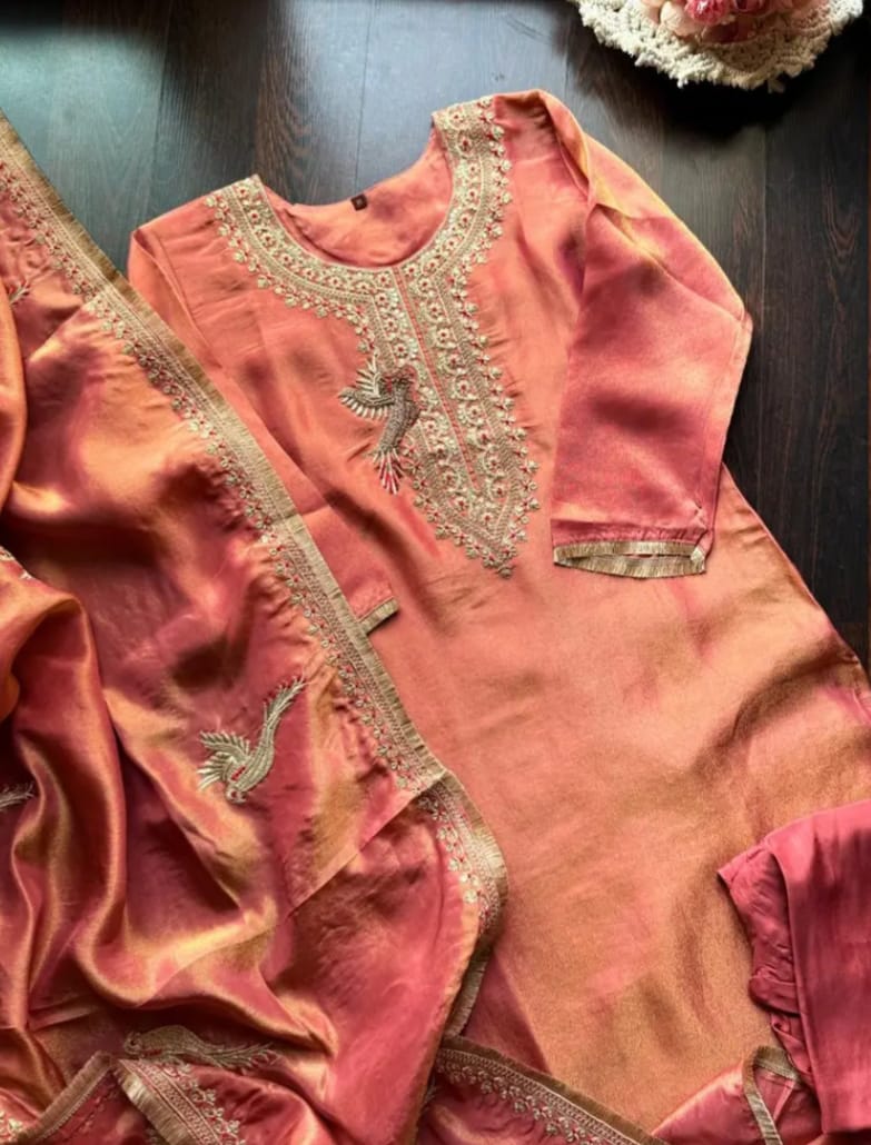 Rust Gold Handwoven Silk Suit Set with Embroidered Bird Motif