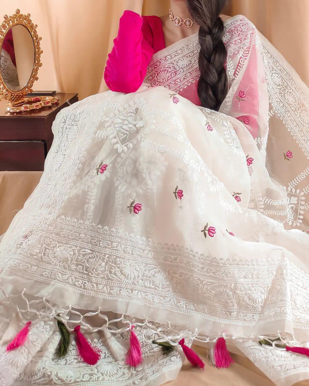 Gulnoor – Off-White Chikankari Silk Organza Saree with Tassels & Contrast Blouse