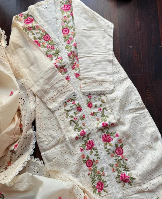 Blush Bloom Hand-Embroidered Summer kora Cotton Suit Set
