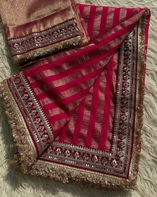 Riwayat Banarasi Organza Tissue Silk Saree – Premium Wine Red Saree with Lace Border