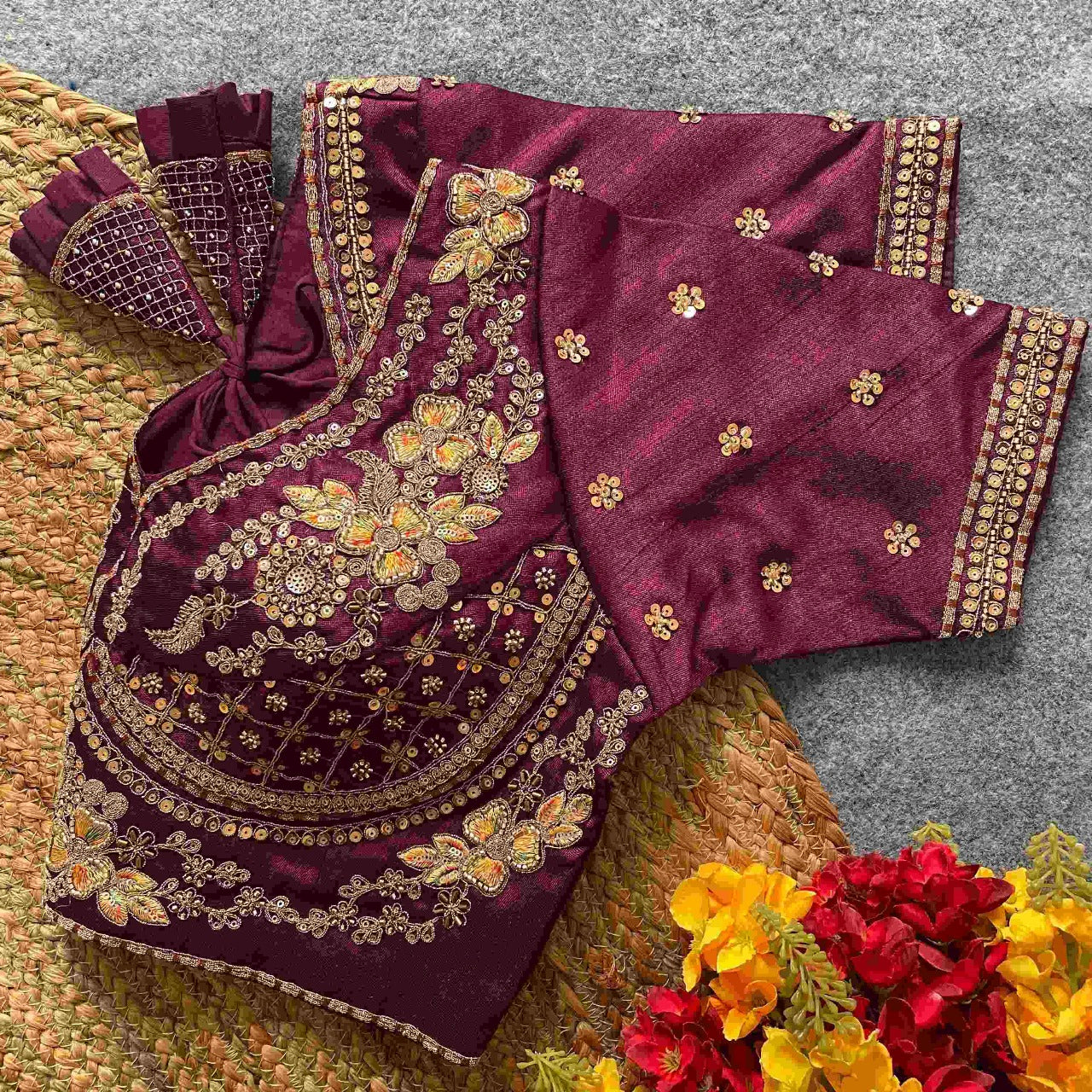 Magenta Zari Embroidered Raw Silk Blouse with Floral Handwork