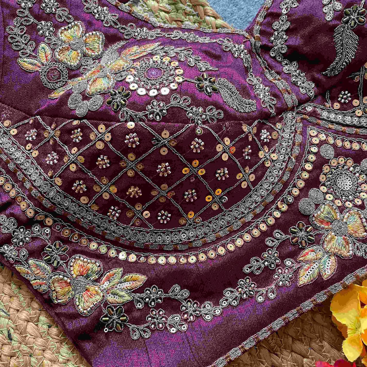Magenta Zari Embroidered Raw Silk Blouse with Floral Handwork