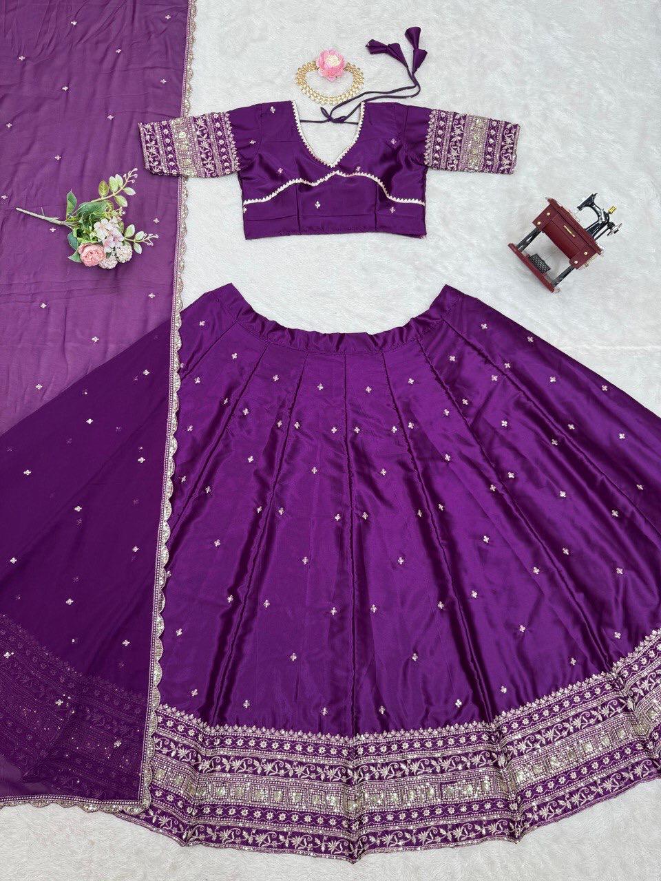 Soocha Satin Silk Lehenga Set with Sequin & Thread Work | Semi-Stitched