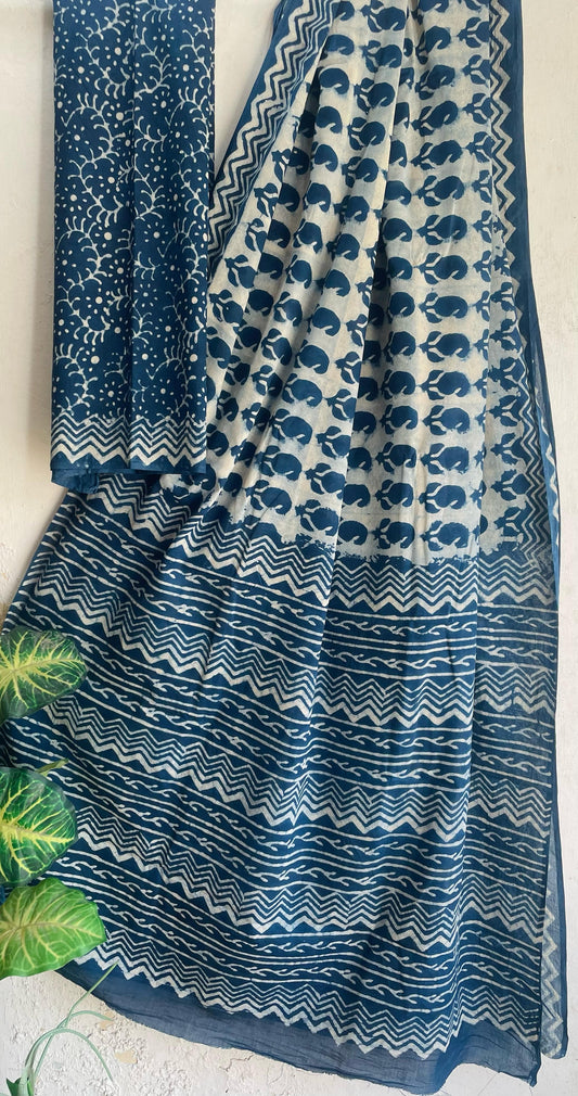 Indigo Mul Cotton Bagru Handblock Printed Saree – Naturally Dyed & Handcrafted