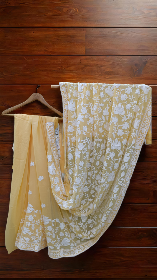 Elegant Kashmiri Aari Embroidery Saree – Chinar Leaf Motif in Subtle Yellow