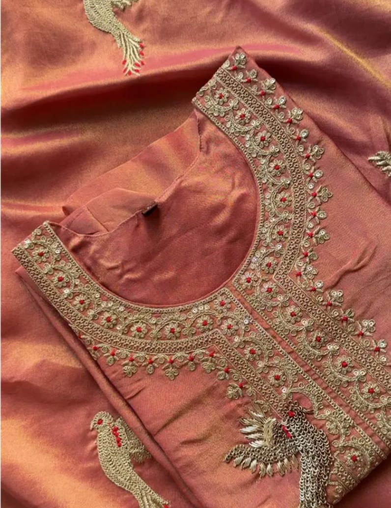 Rust Gold Handwoven Silk Suit Set with Embroidered Bird Motif