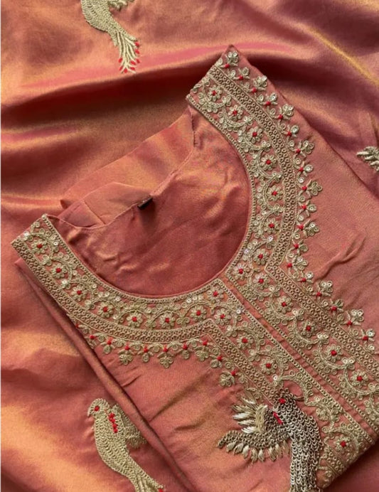 Rust Gold Handwoven Silk Suit Set with Embroidered Bird Motif