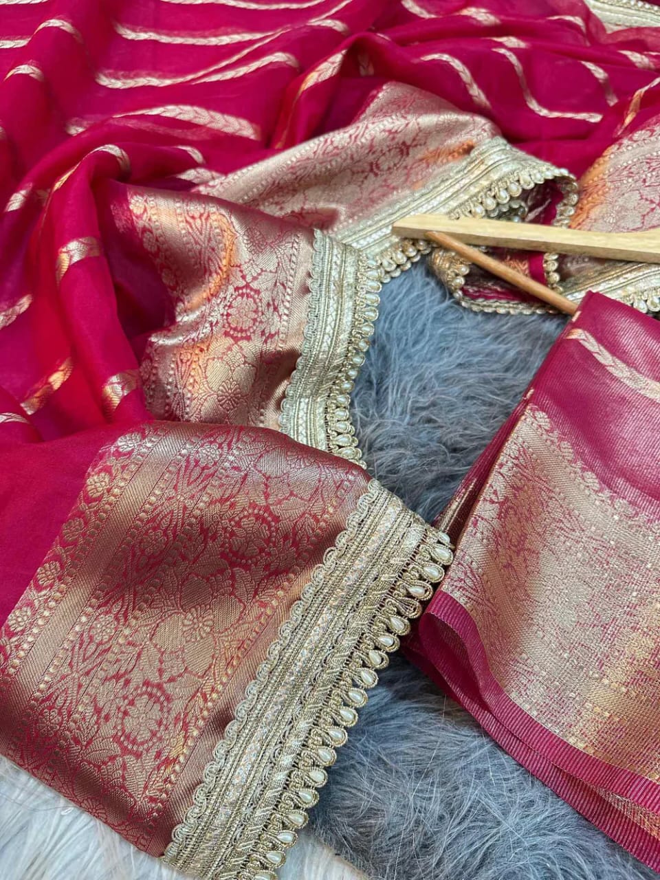 Crimson Zari Weave Banarasi Saree with lace border