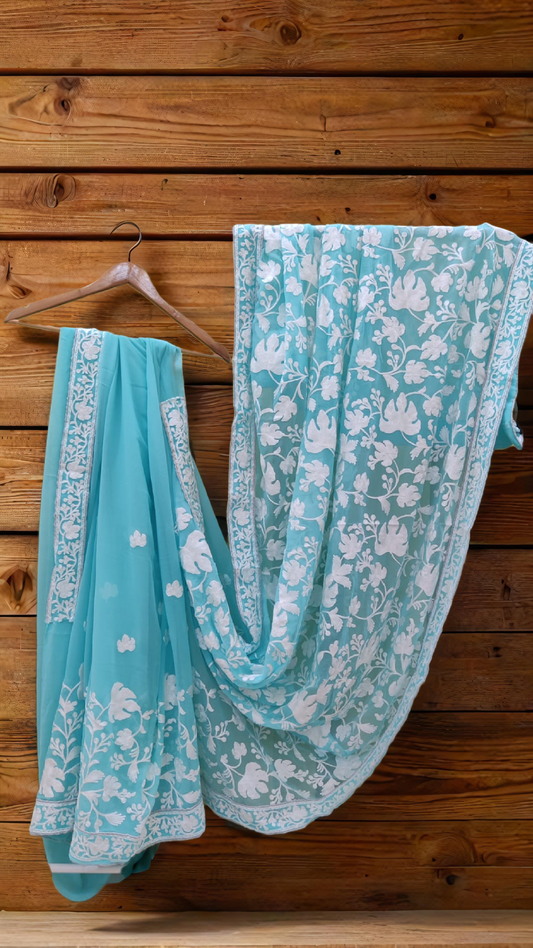Elegant Kashmiri Aari Embroidery Saree – Chinar Leaf Motif in Subtle Blue