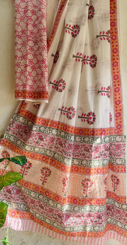 Mul Cotton Bagru Handblock Printed Saree – Naturally Dyed & Handcrafted